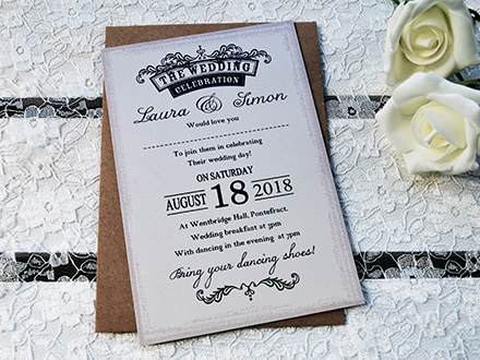 Emily Invitation on antique ivory cardstock  and Kraft recycled envelope